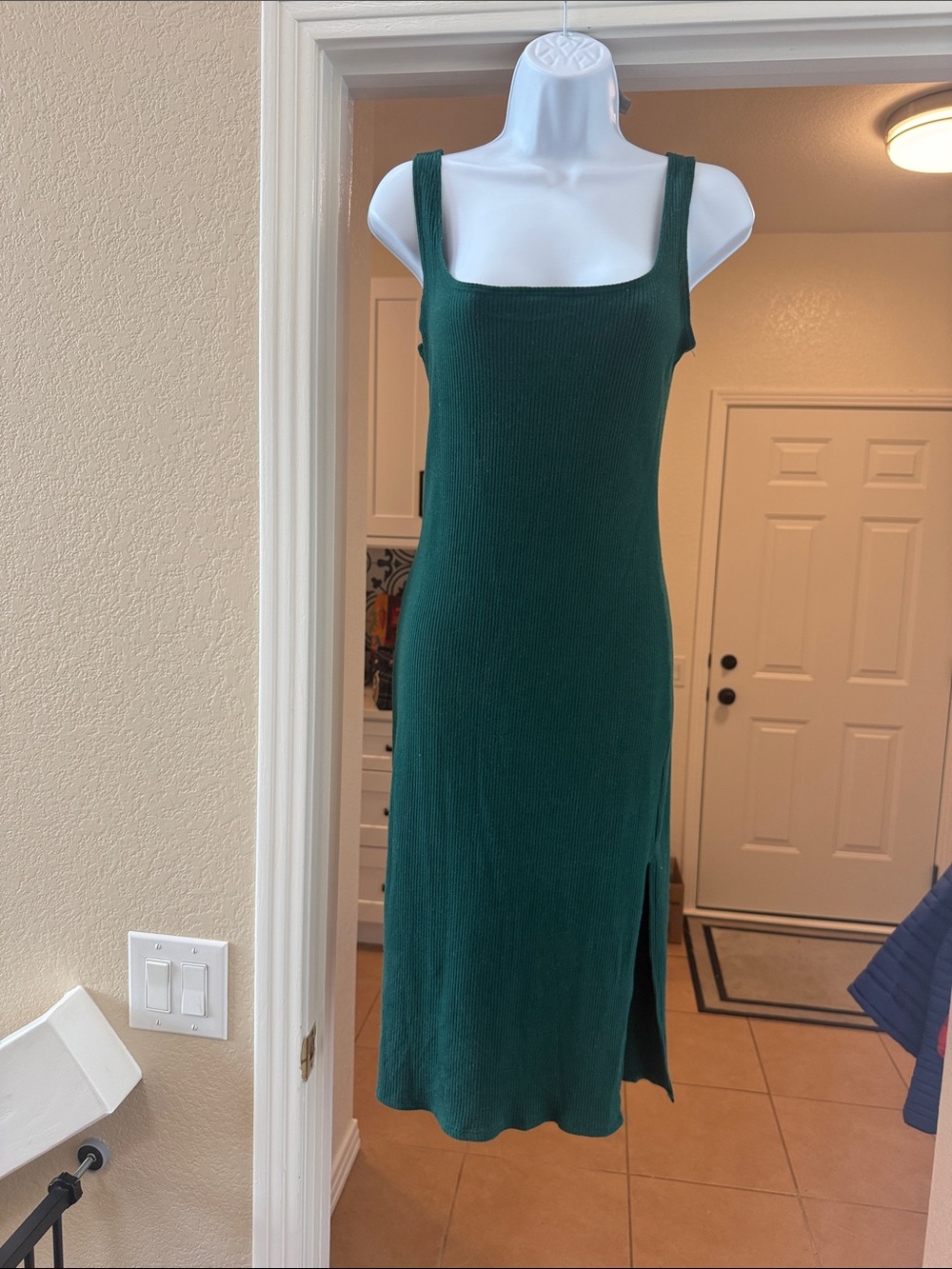 Reformation Sleeveless Ribbed  Midi Dress in Emerald Green with leg slit